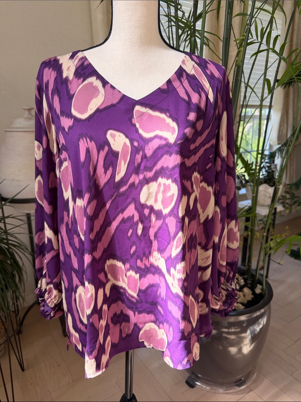 Belle by Kim Gravel Purple and Cream Abstract V-Neck Blouse